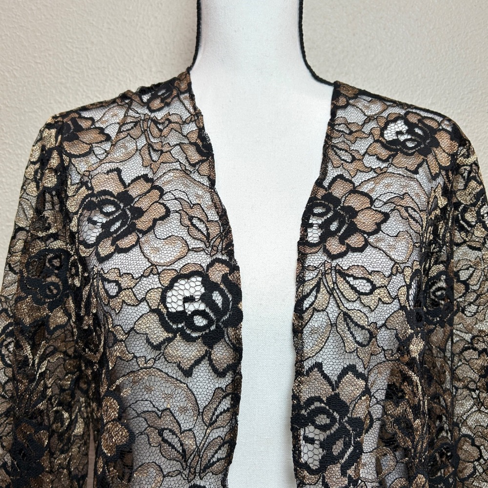 Vintage Lace Bolero Jacket Womens 14 Black Gold Metallic Floral Shrug Sheer Chic - Picture 8 of 15